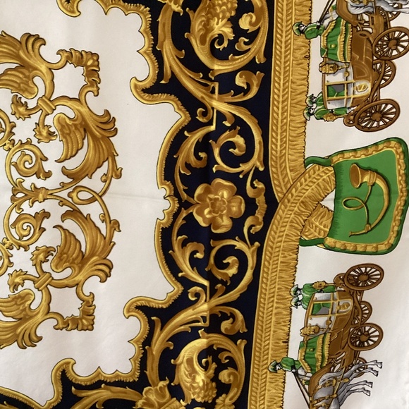 Fabio Fabelli Horse And Carriage Golden Scrolls 100%Silk Twill Scarf Hand Rolled - Picture 3 of 11